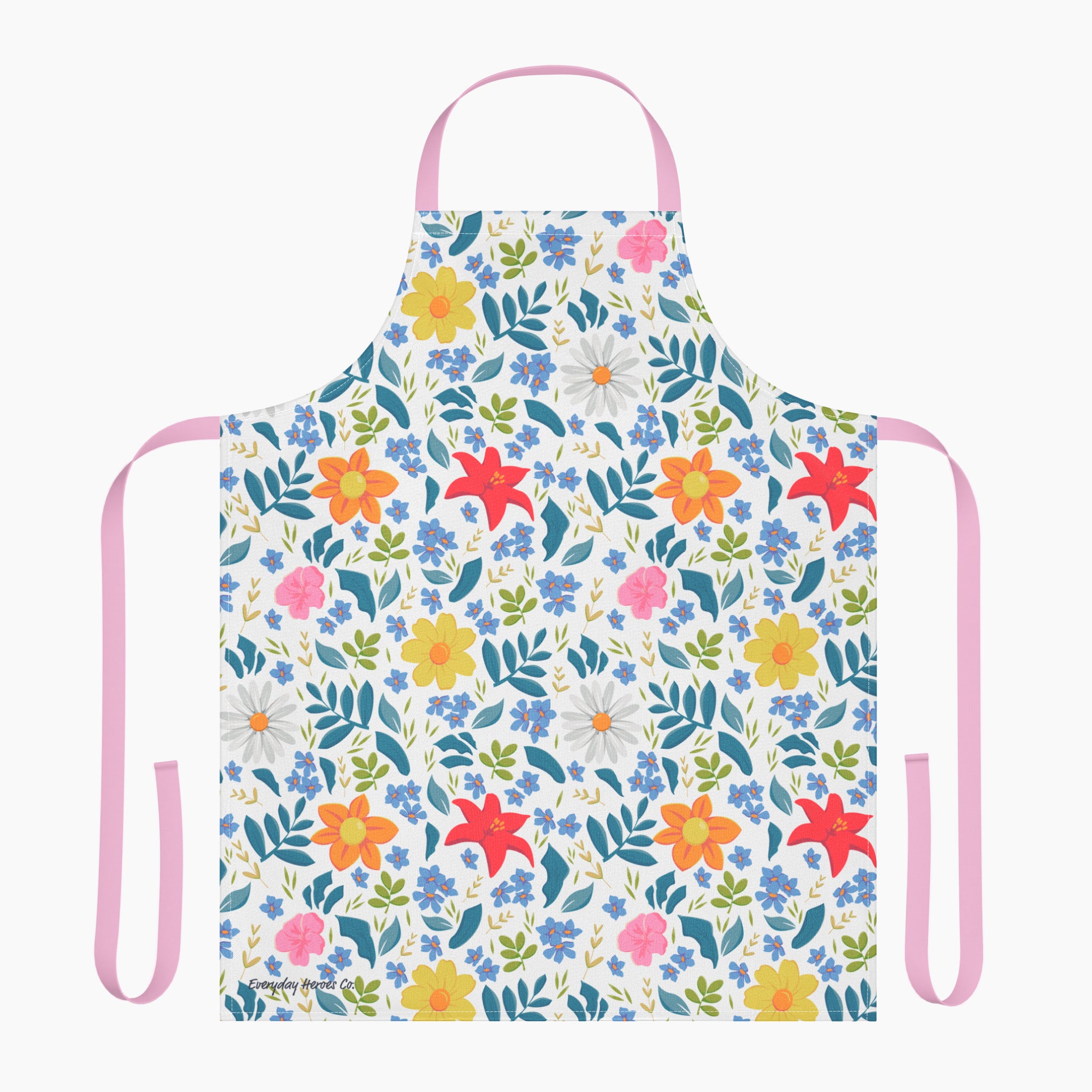 Custom printed white Floral patterned apron with pink straps on a white background