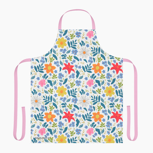 Custom printed white Floral patterned apron with pink straps on a white background