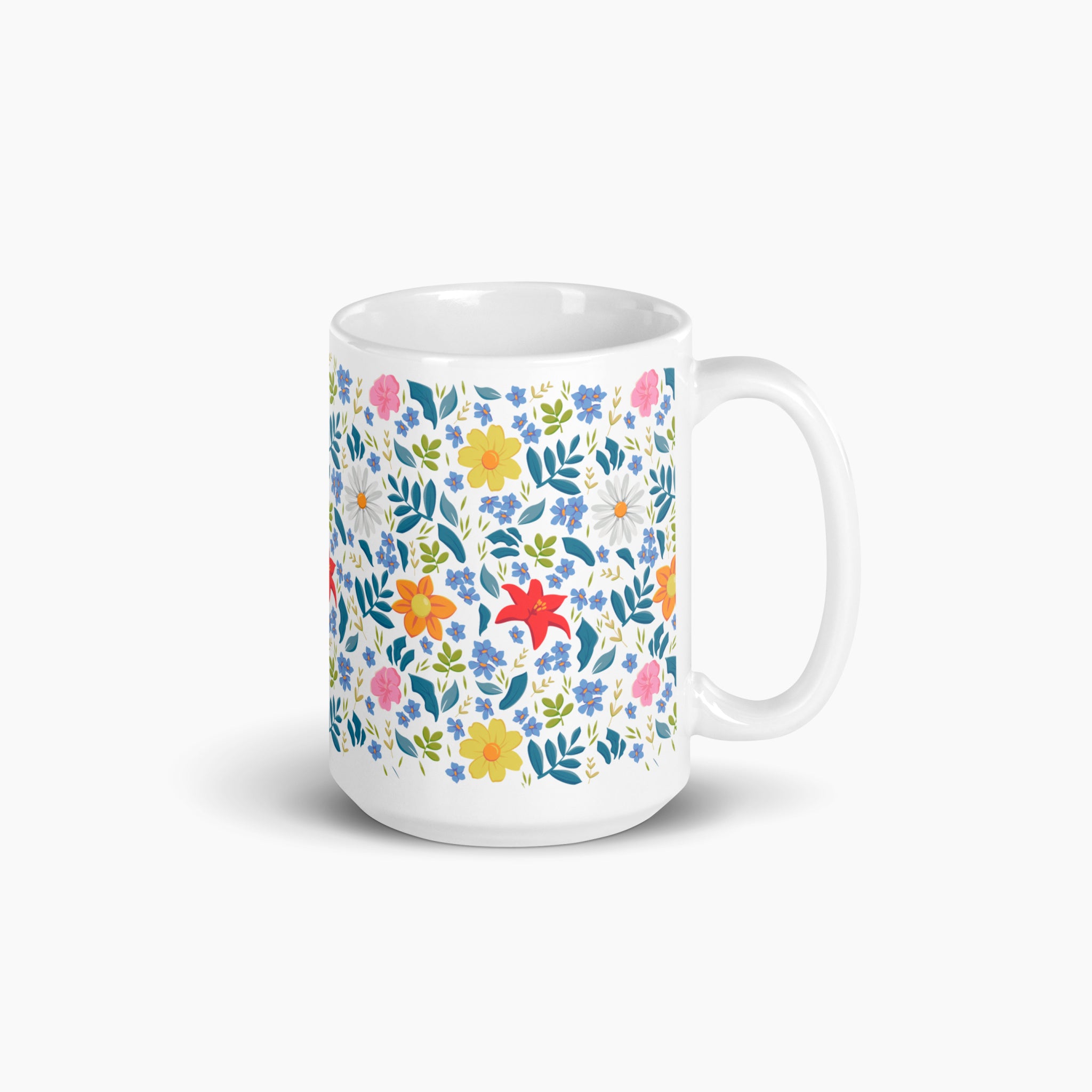 White mug with white floral pattern on a white background