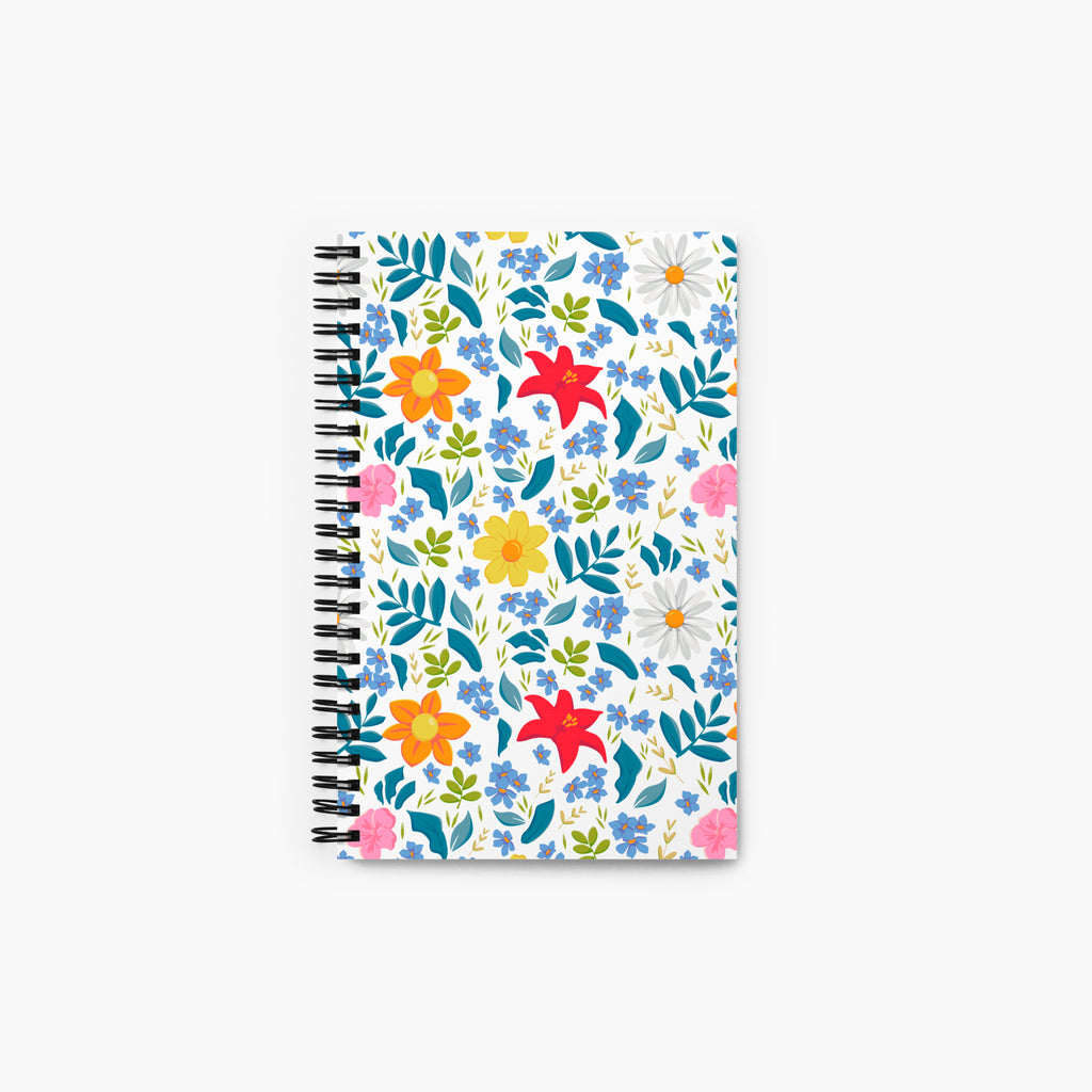 Spiral Notebook with white floral pattern on a white background