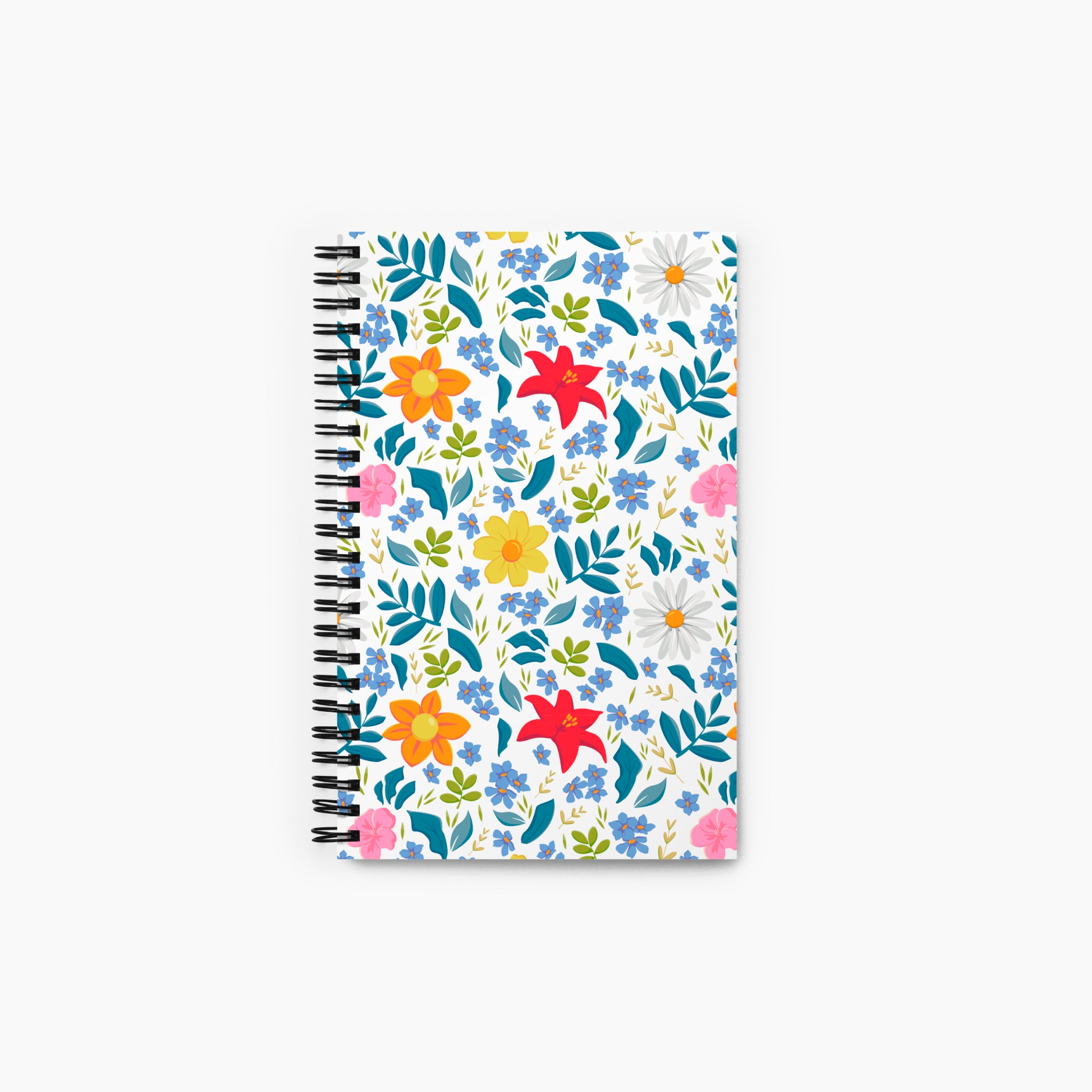 Spiral Notebook with white floral pattern on a white background