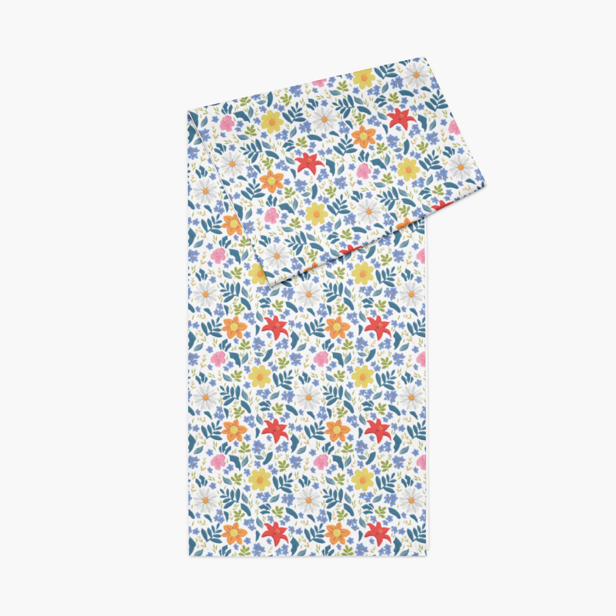 White Floral patterned table runner with a white background