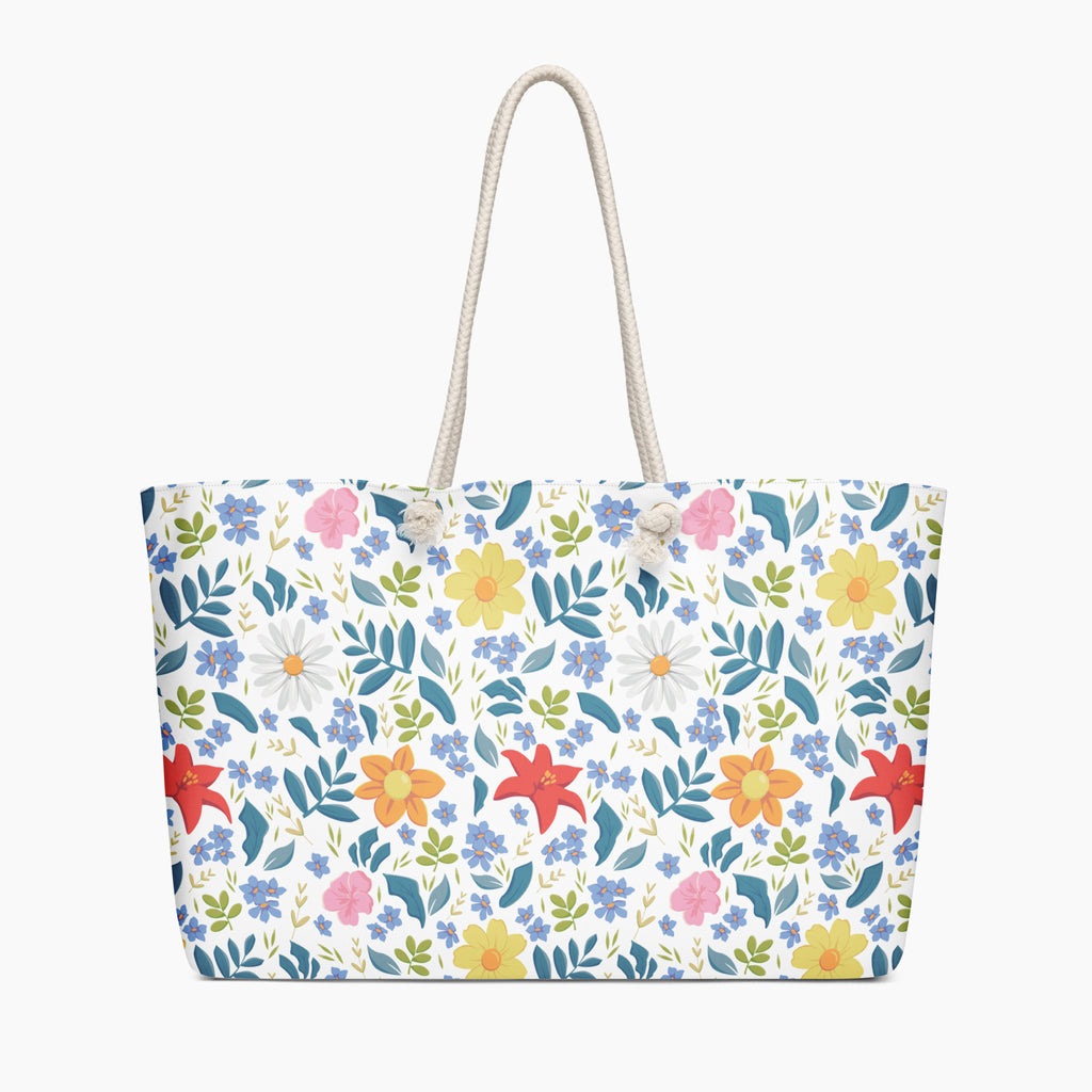 White Floral patterned tote bag on a white background