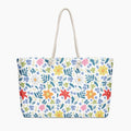 White Floral patterned tote bag on a white background