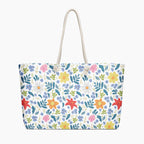 White Floral patterned tote bag on a white background