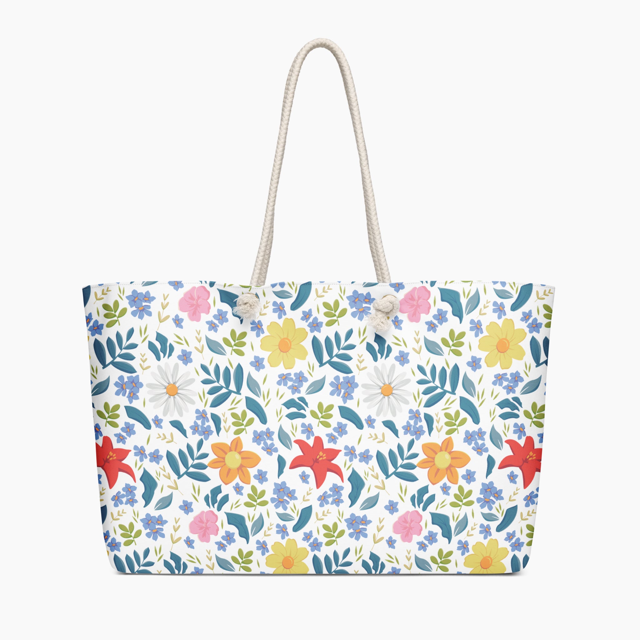 White Floral patterned tote bag on a white background