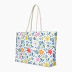 White Floral patterned tote bag on a white background