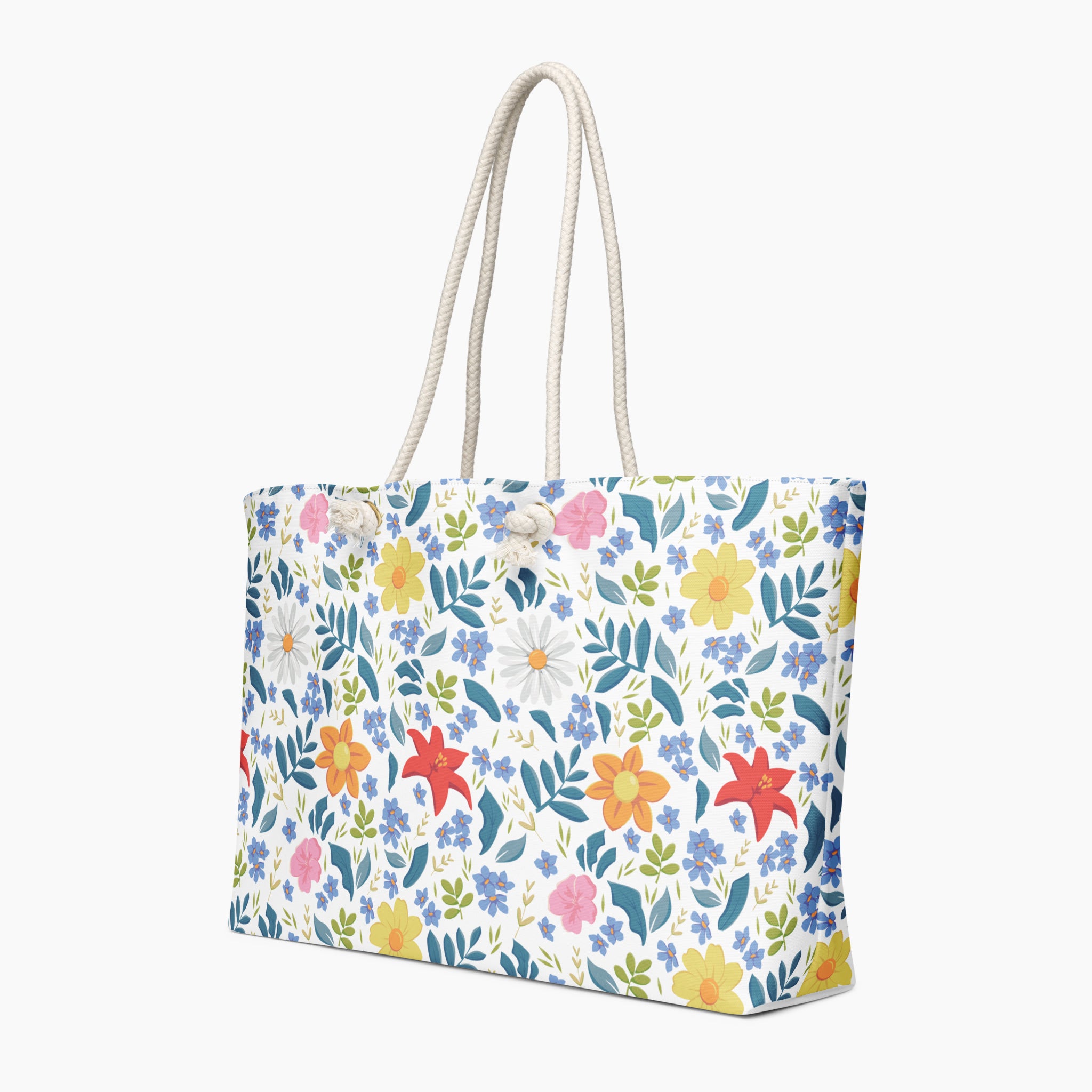 White Floral patterned tote bag on a white background