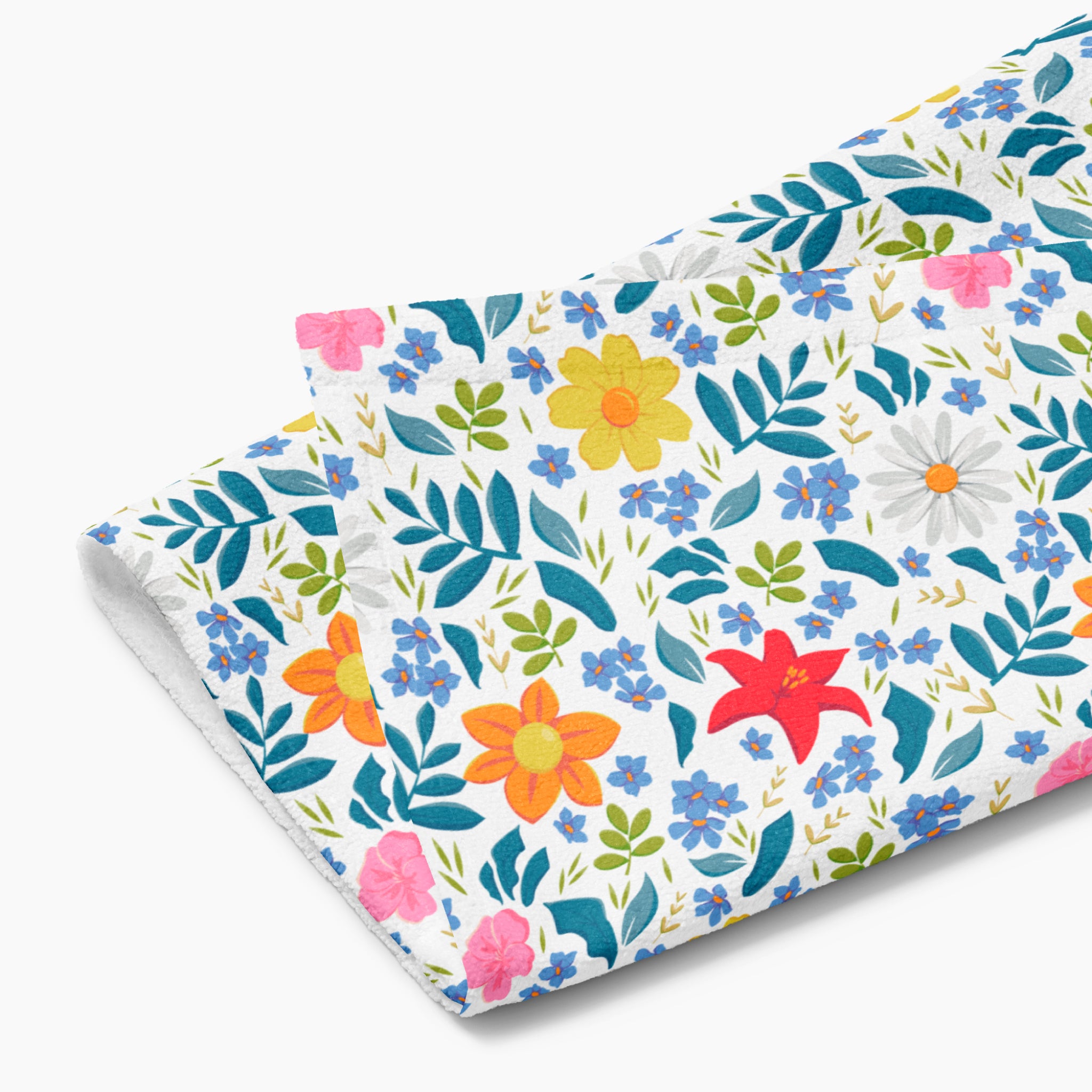 Cloth kitchen hand towel with white floral pattern on a white background