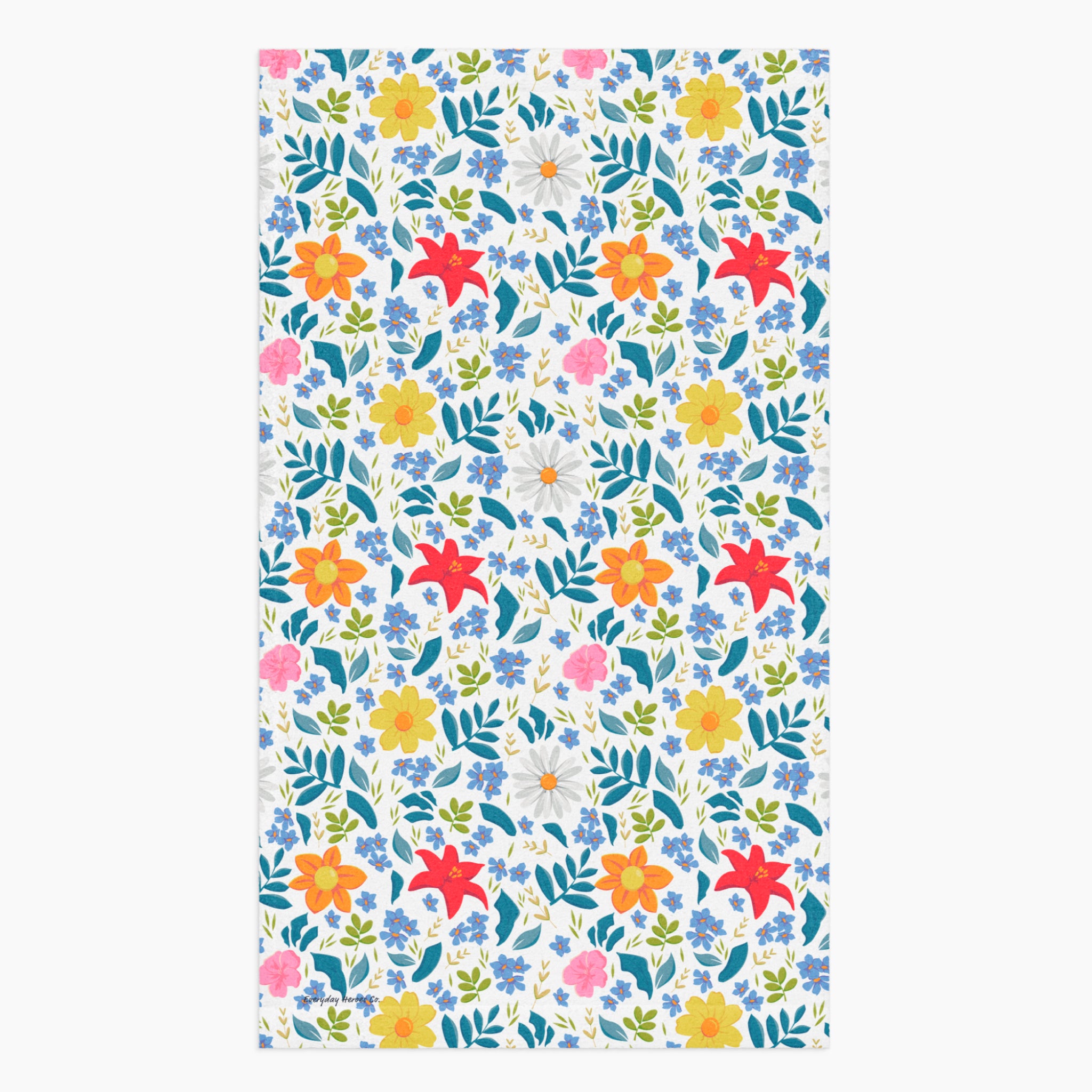 Cloth kitchen hand towel with white floral pattern on a white background