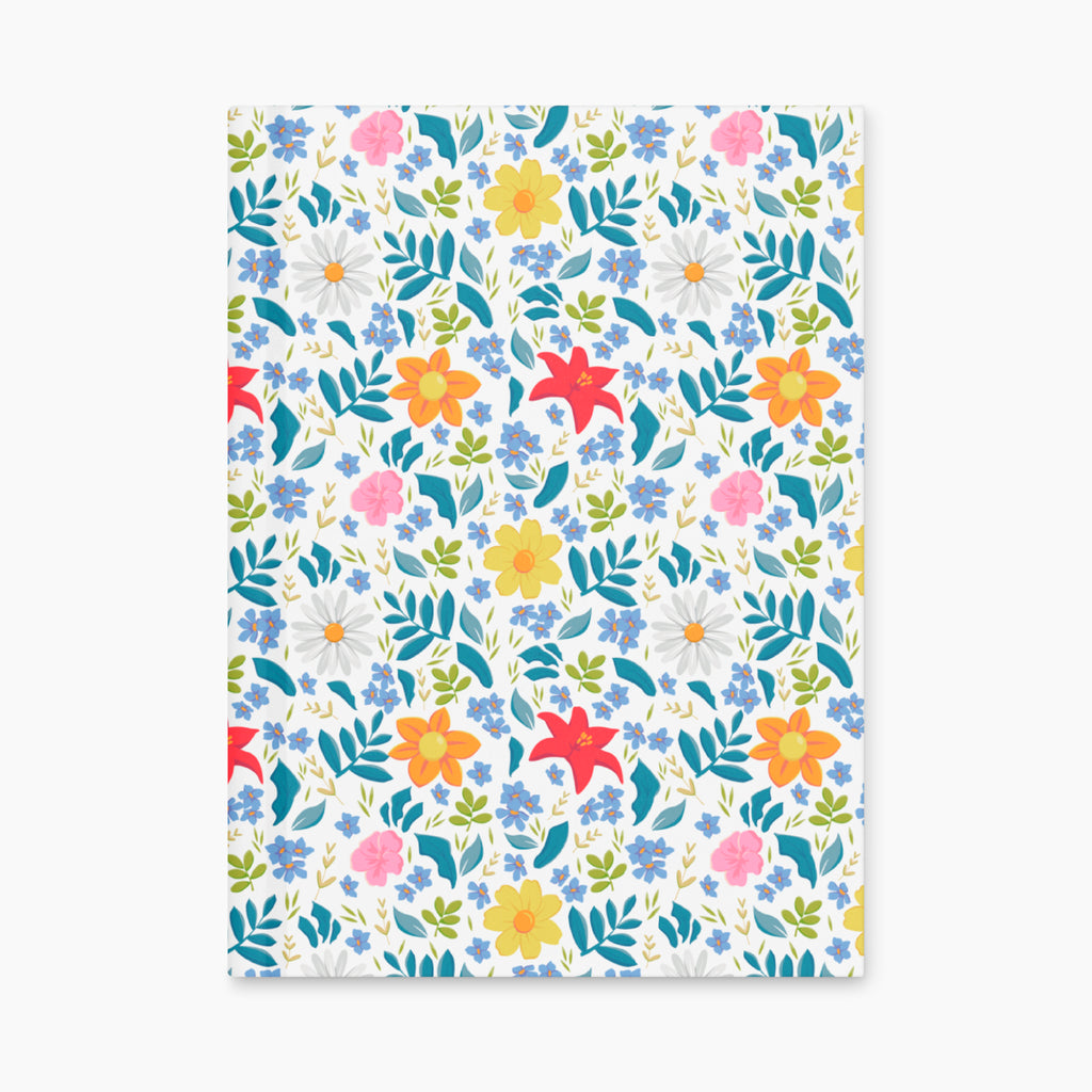 Hardcover journal with white floral patterned front cover design on a white background