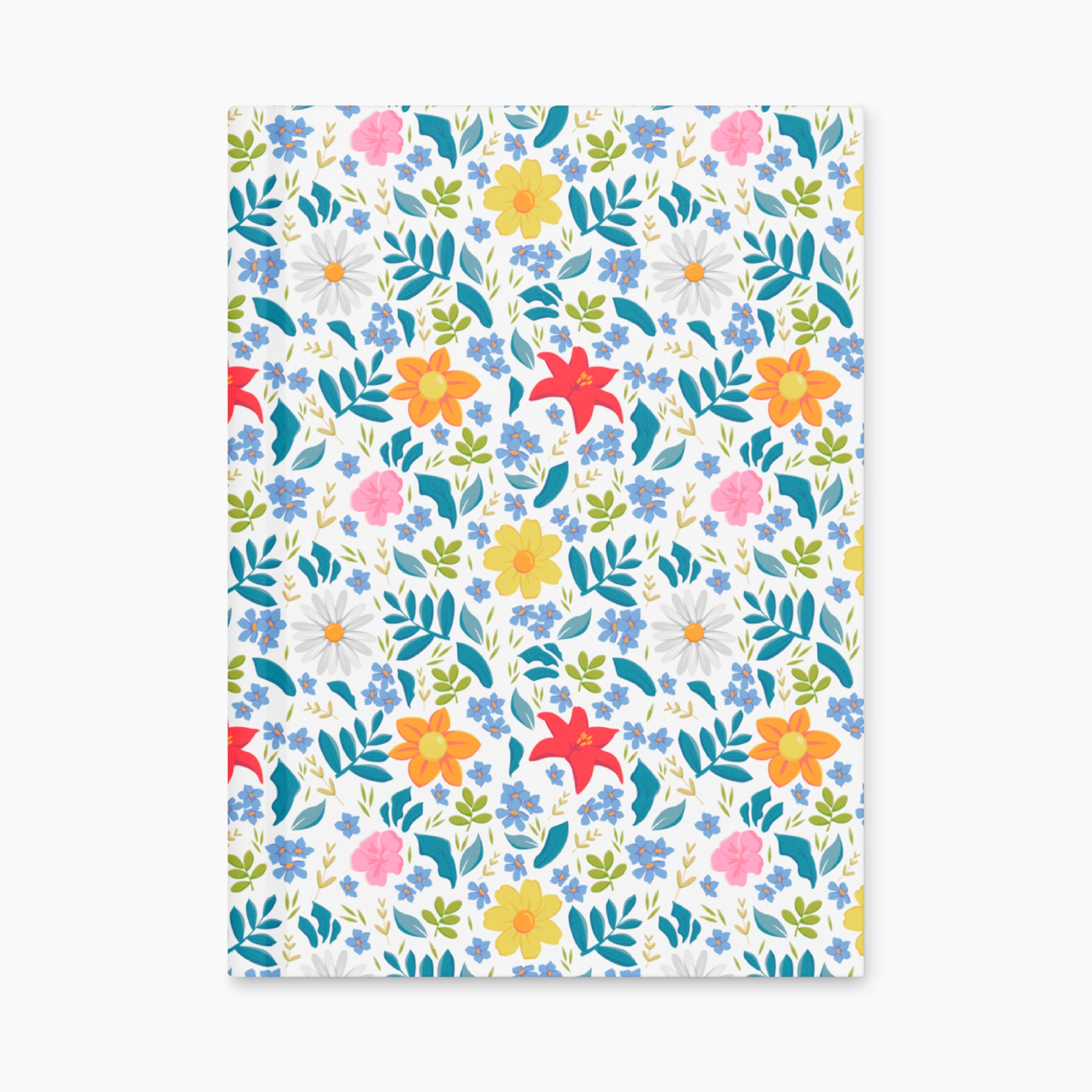 Hardcover journal with white floral patterned front cover design on a white background