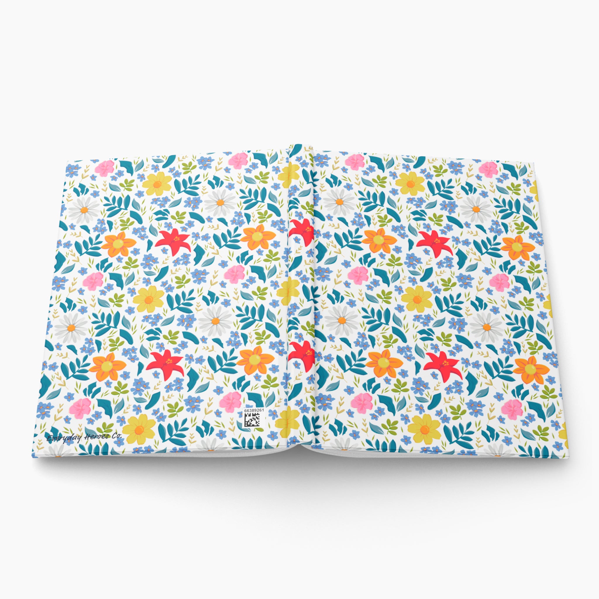 Hardcover journal with white multi floral patterned cover design on a white background