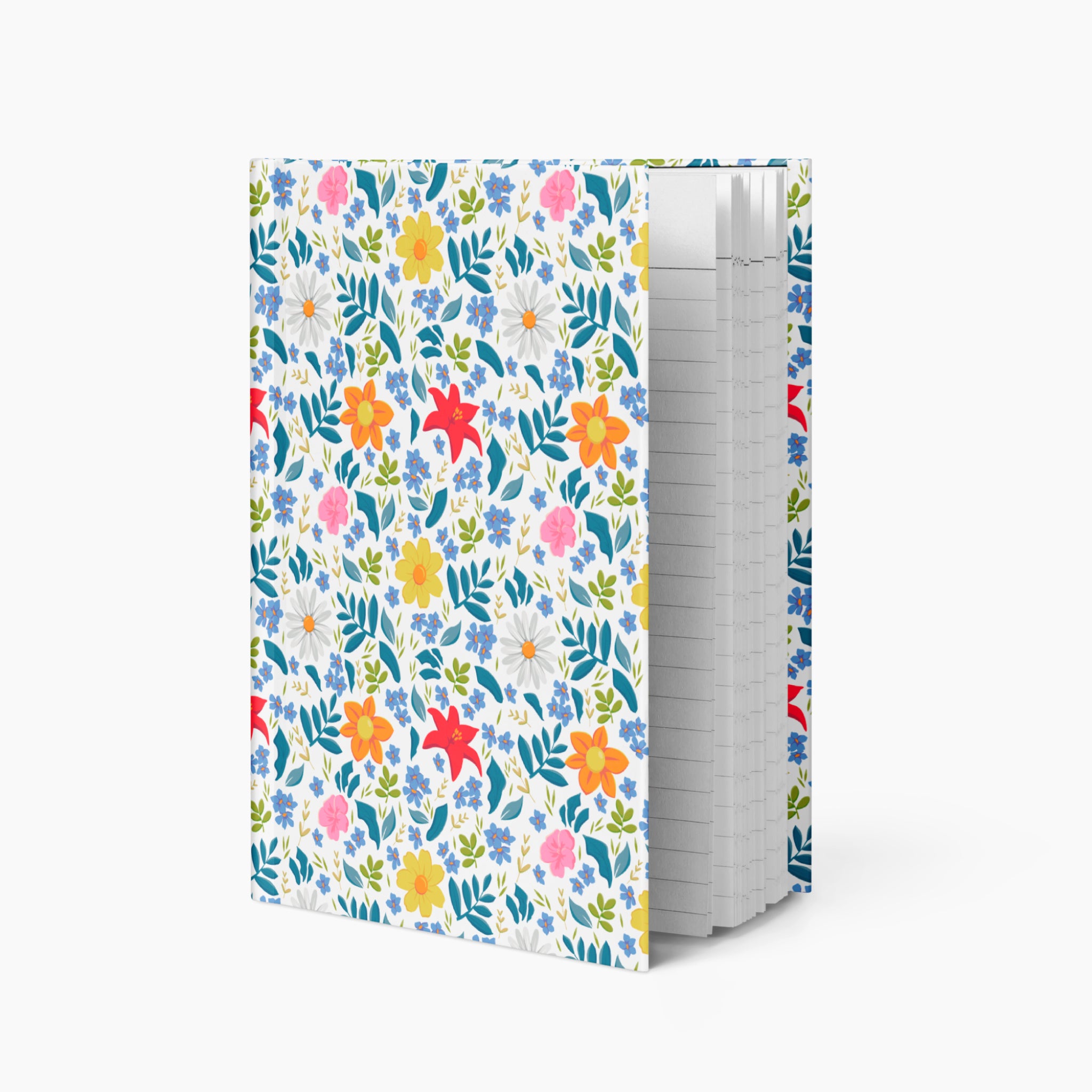 Hardcover journal with white floral patterned cover design and lined pages on a white background