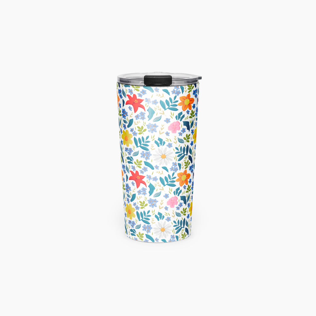 Tumbler with white floral pattern on a white background