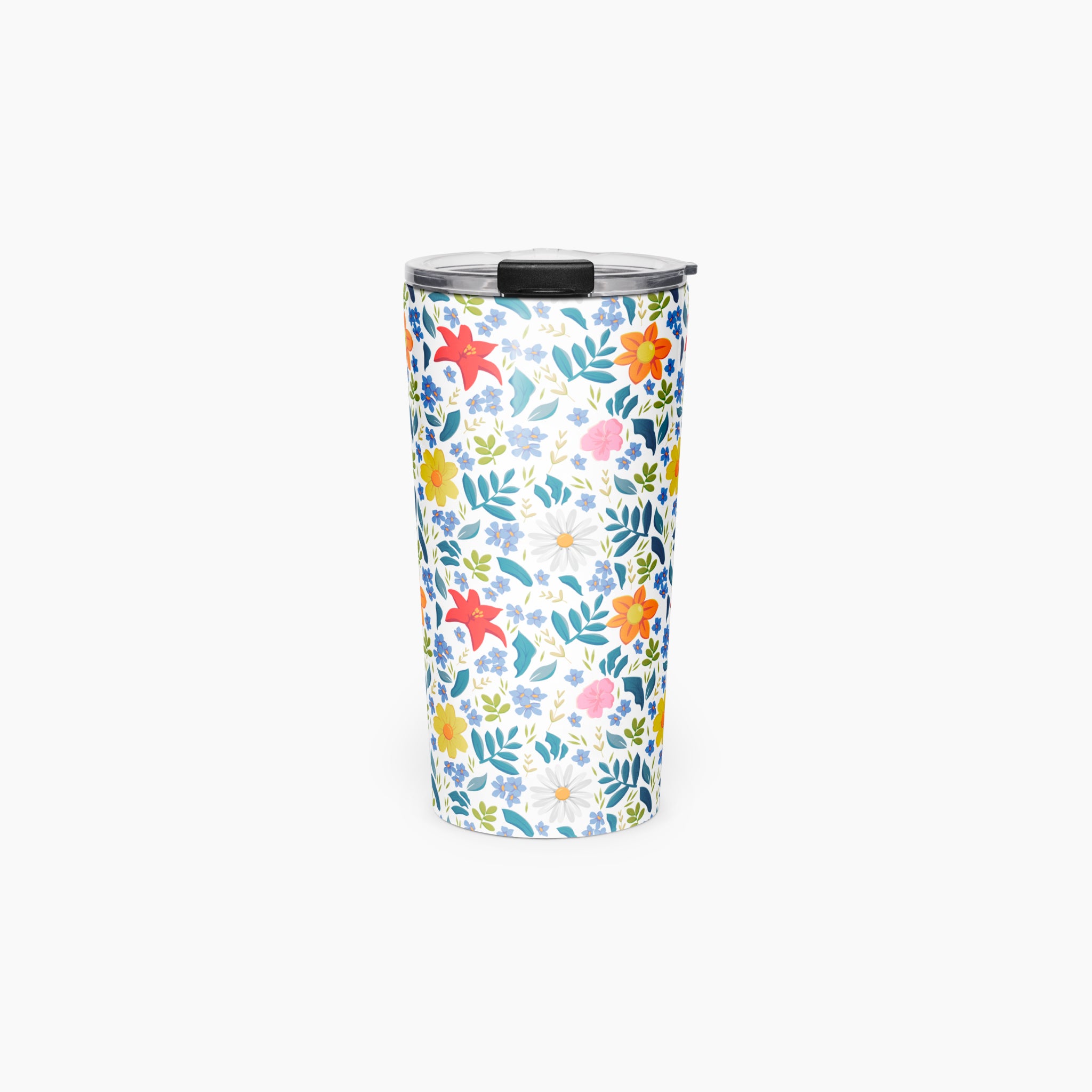 Tumbler with white floral pattern on a white background
